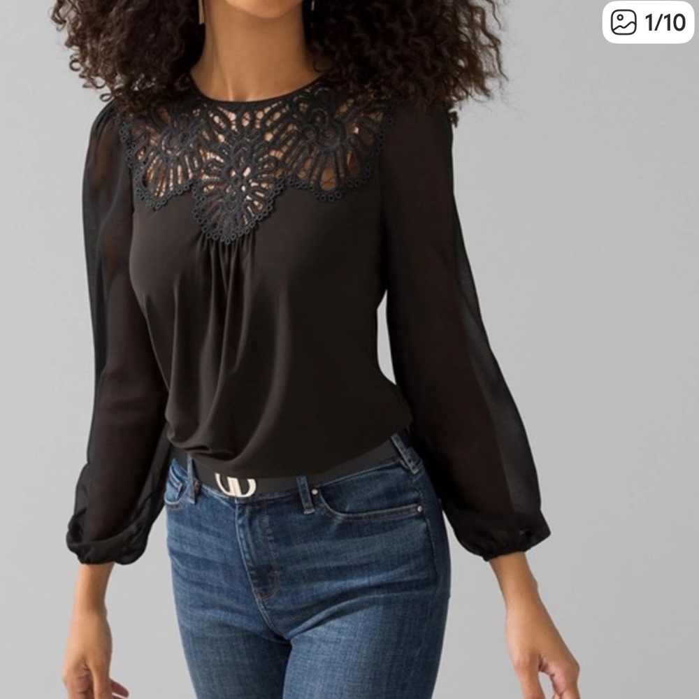 White House Black Market Sheer Sleeve Black Lace-Trim Top